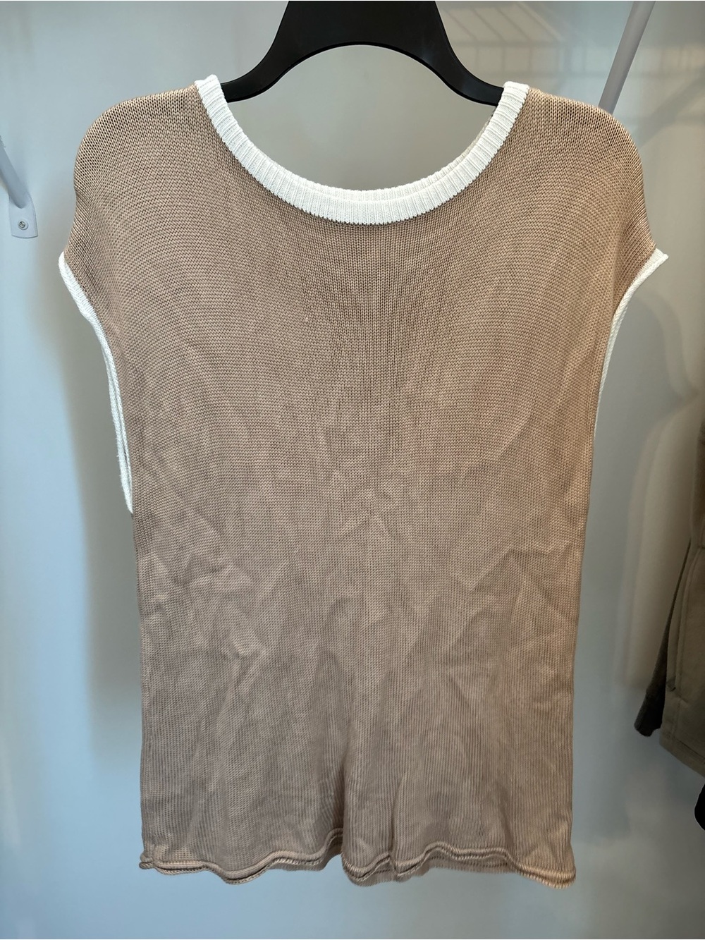 Beige Knit Cap Sleeve Top with White Trim
